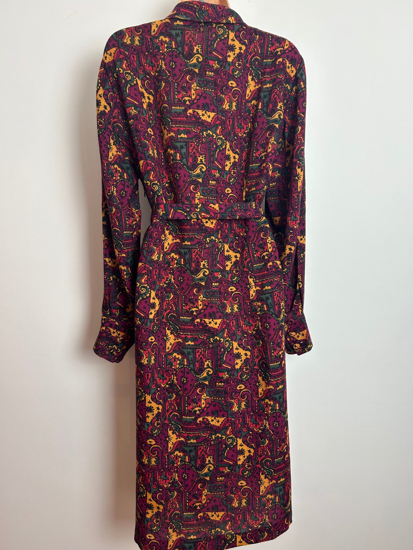 Vintage 1970s Size 16 Wine Mustard & Dark Green Abstract Nouveau Inspired Print Wool Mix Belted Long Sleeve Dress