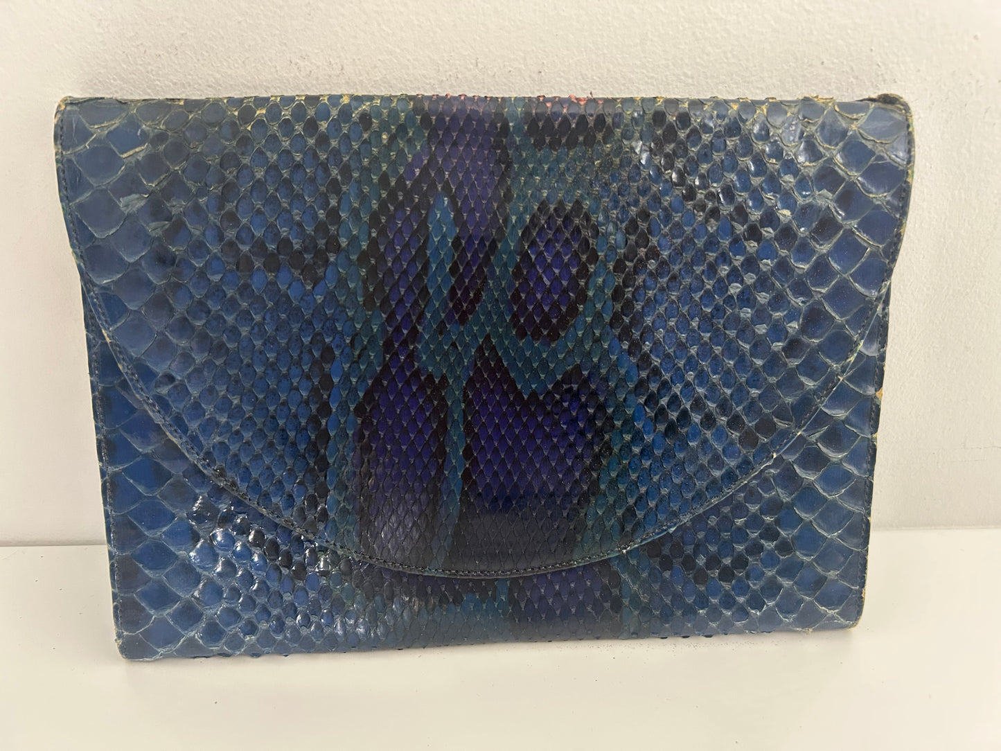 Vintage 1980s Dark Blue Tones Snake Skin Leather Clutch Or Shoulder Bag
