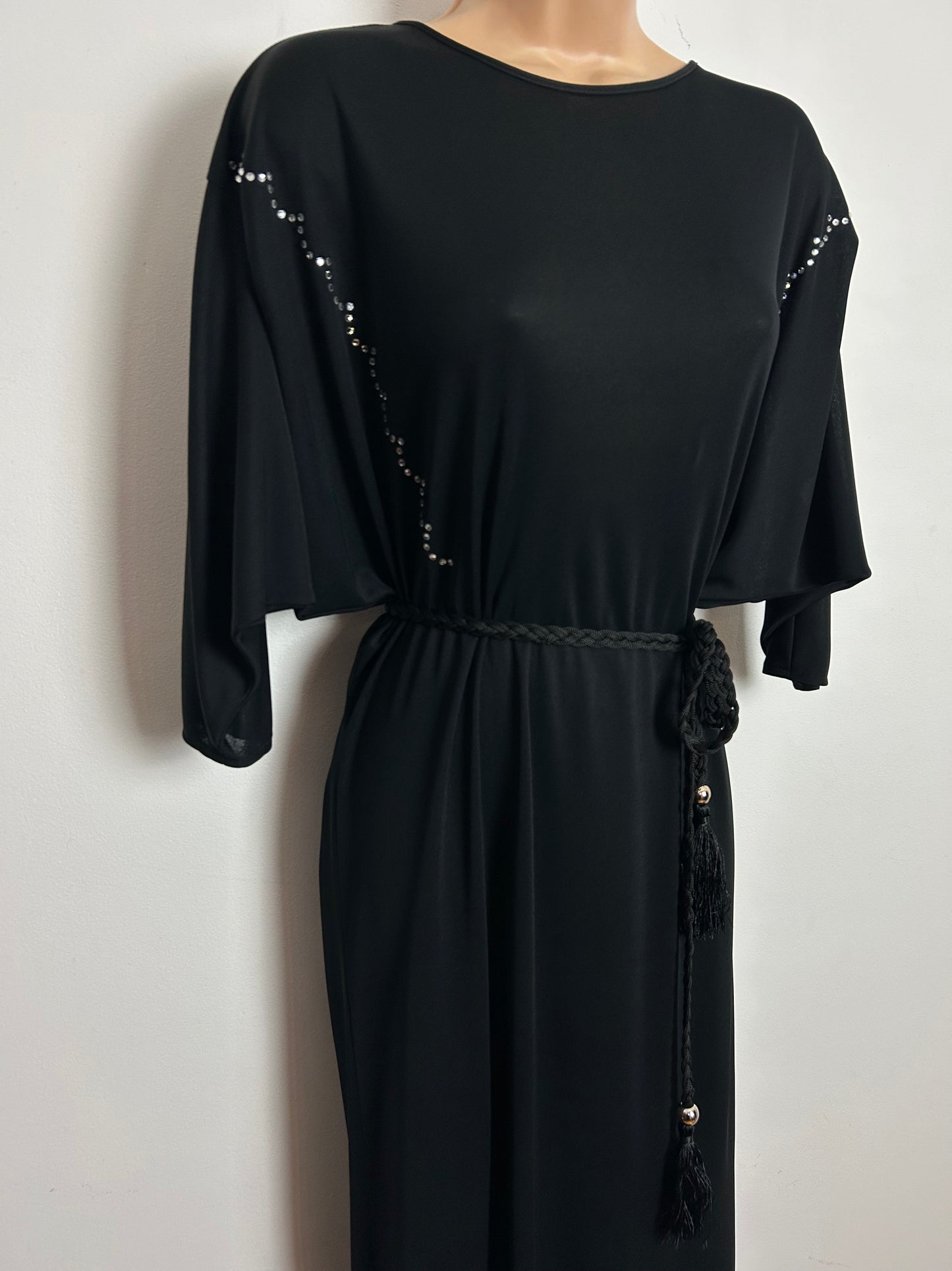 Vintage 1980s Size 12 Black Rhinestone Detail Tie Back Bat Wing Belted Evening Maxi Dress