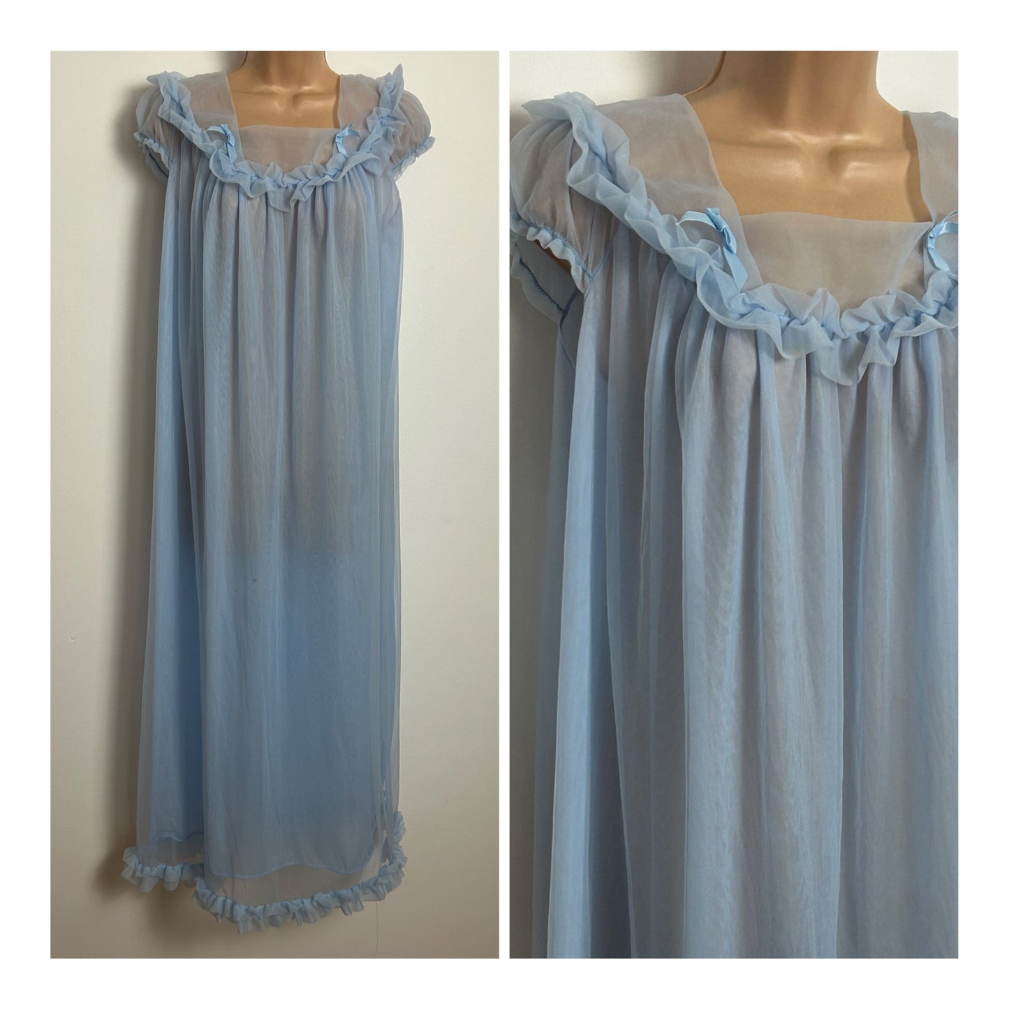 Vintage Late 1960s Size 16 Powder Blue Ruffle Bow Trim Detail Negligee Peignoir Nightdress