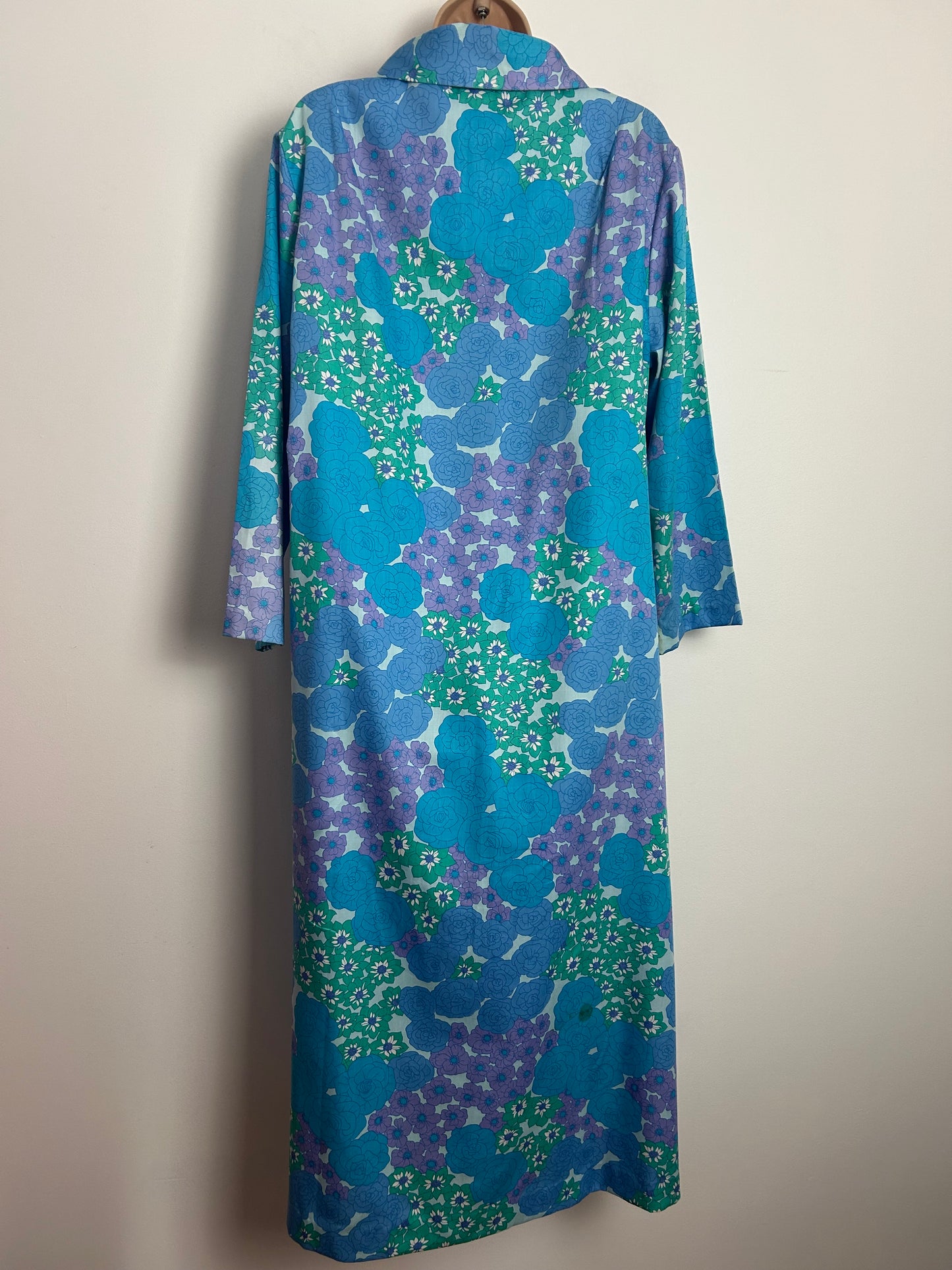 Vintage 1960s ST MICHAEL Size 14 Blue & Green Tones Floral Print Long Sleeve House Coat Dressing Gown