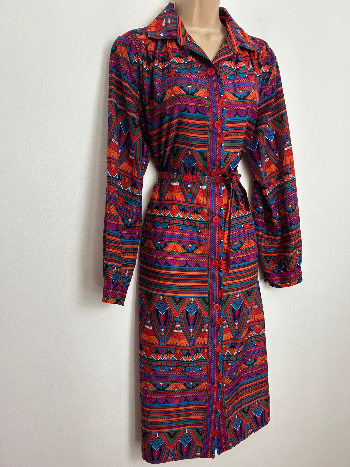 Vintage 1970s 14 Purple Orange Blue & Red Abstract Stripe Print Long Sleeve Belted Mod Dress