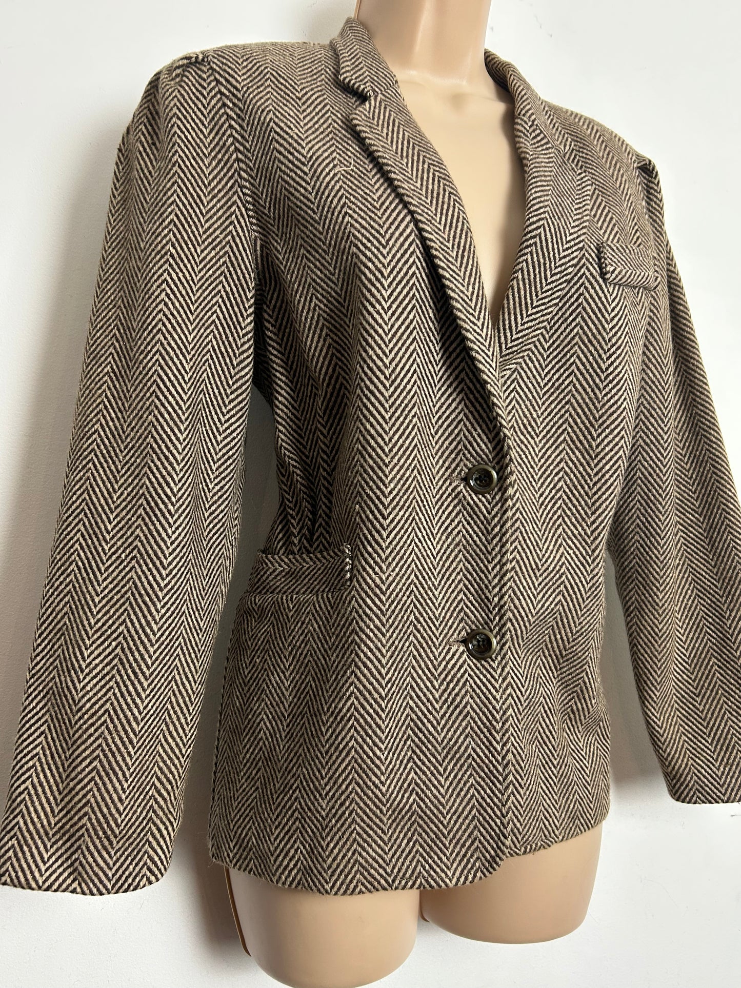 Vintage 1980s BUN'NY Size 10 Brown & Beige Herringbone Wool Blazer