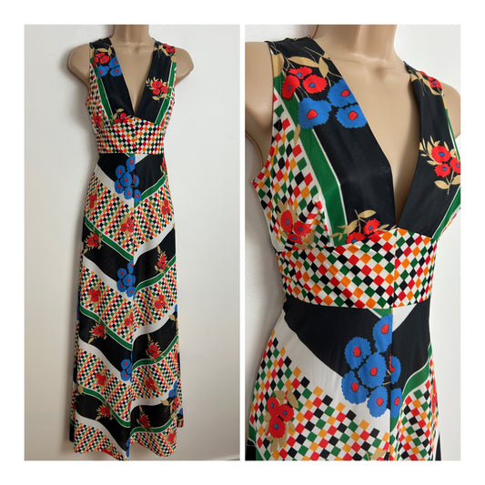 Vintage 1970s Size 8 Black White Red Blue & Green Check Floral & Stripe Print Plunge Neck Sleeveless Maxi Dress