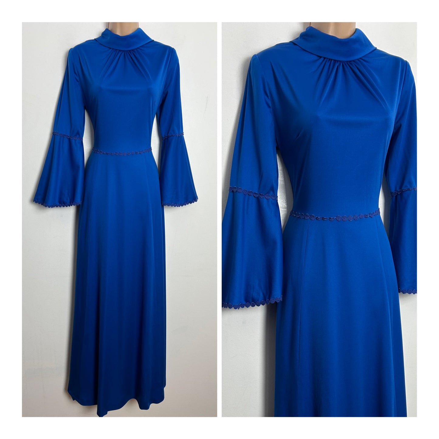 Vintage 1970s UK Size 8 Royal Blue Rolled Collar Flared Cuff Daisy Applique Detail Boho Maxi Dress