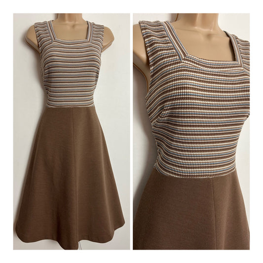 Vintage 1960s DARLING DEBS BY RUTH EIB UK Size 8 Mocha Brown White & Blue Stripe Mod Dress