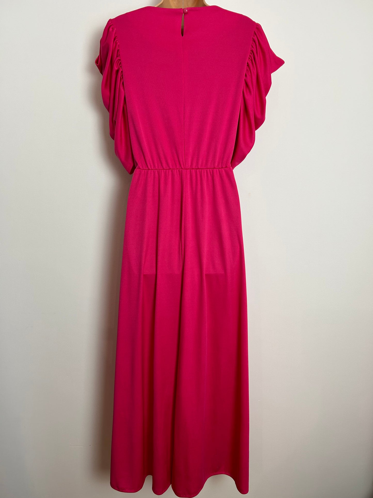 Vintage 1980s UK Size 12 C&A Hot Pink Pleated Draped Sleeve Occasion Maxi Dress