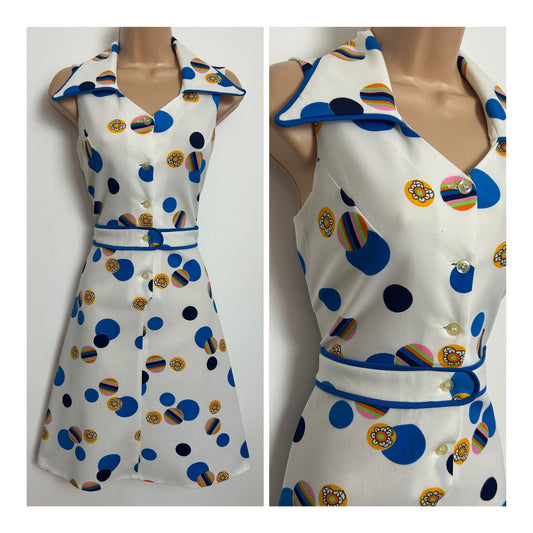Vintage Late 1960s Size 8 White Blue & Orange Circle Spot Print Wide Collared Mod Summer Dress