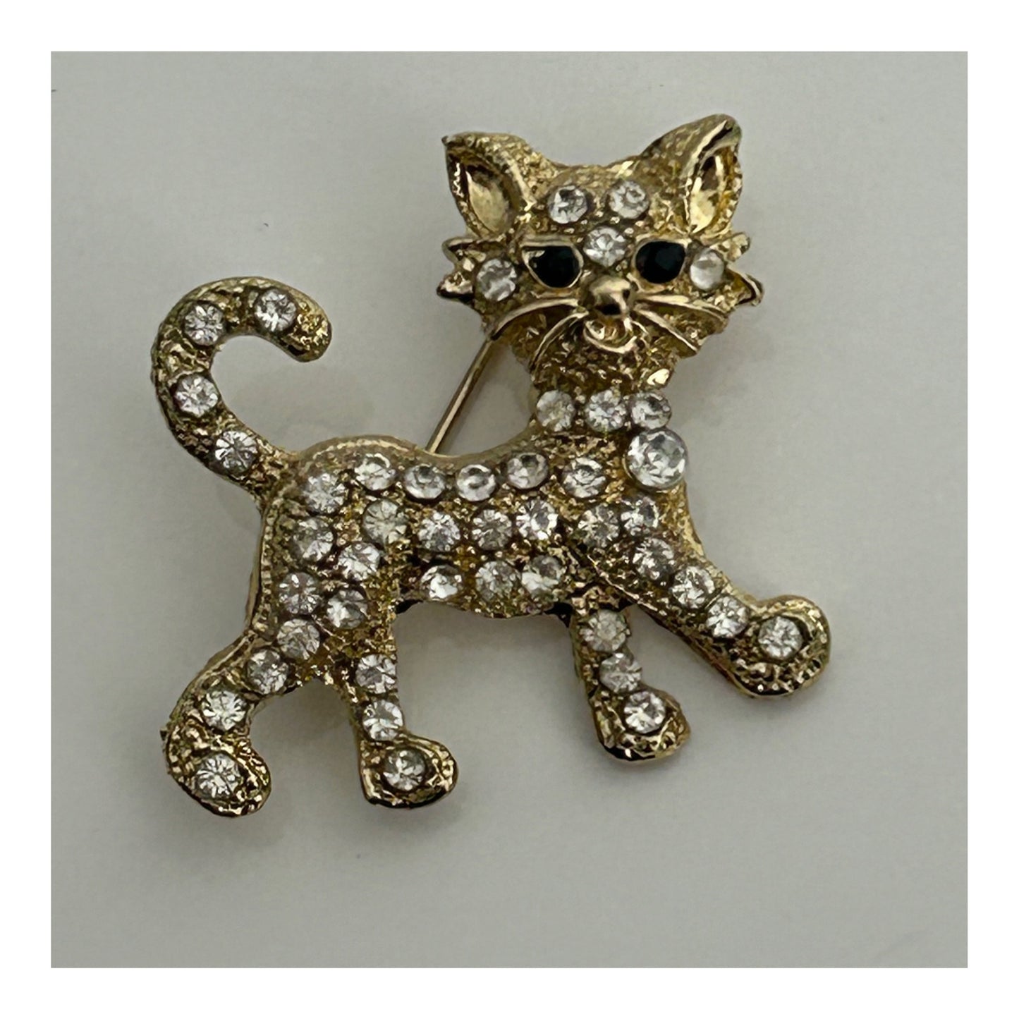 Vintage Cute Little Gold Tone Diamante Set Cat Brooch