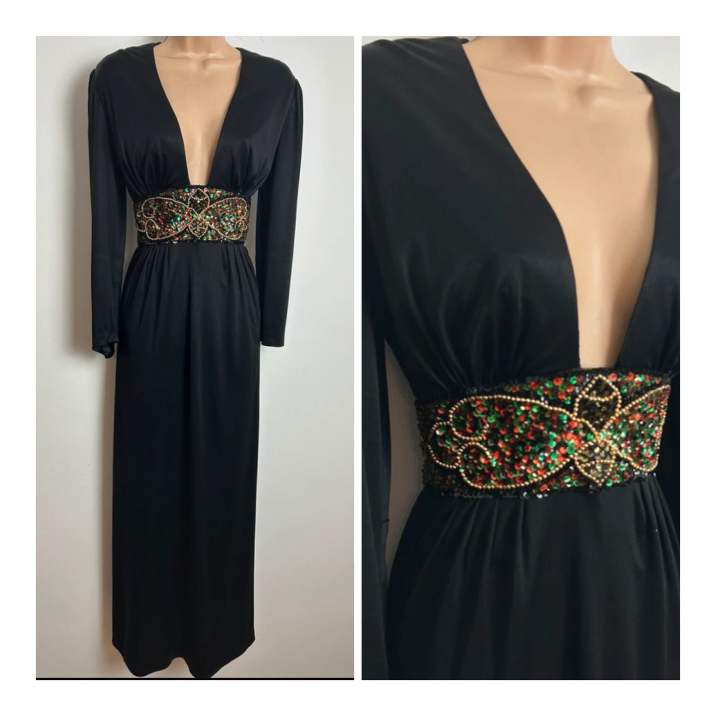 Vintage 1970s Size 14 Black Plunge Neck Sequin & Bead Detail Occasion Evening Maxi Dress