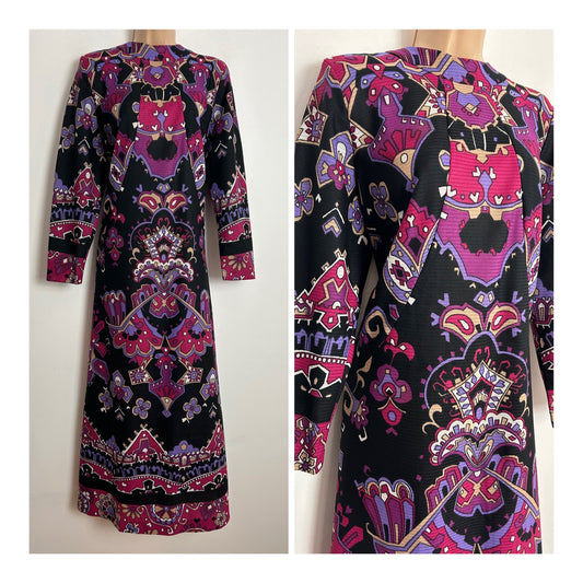 Vintage 1970s NORMAN LINTON UK Size 16 Black Purple & Pink Abstract Print Long Sleeve Maxi Dress