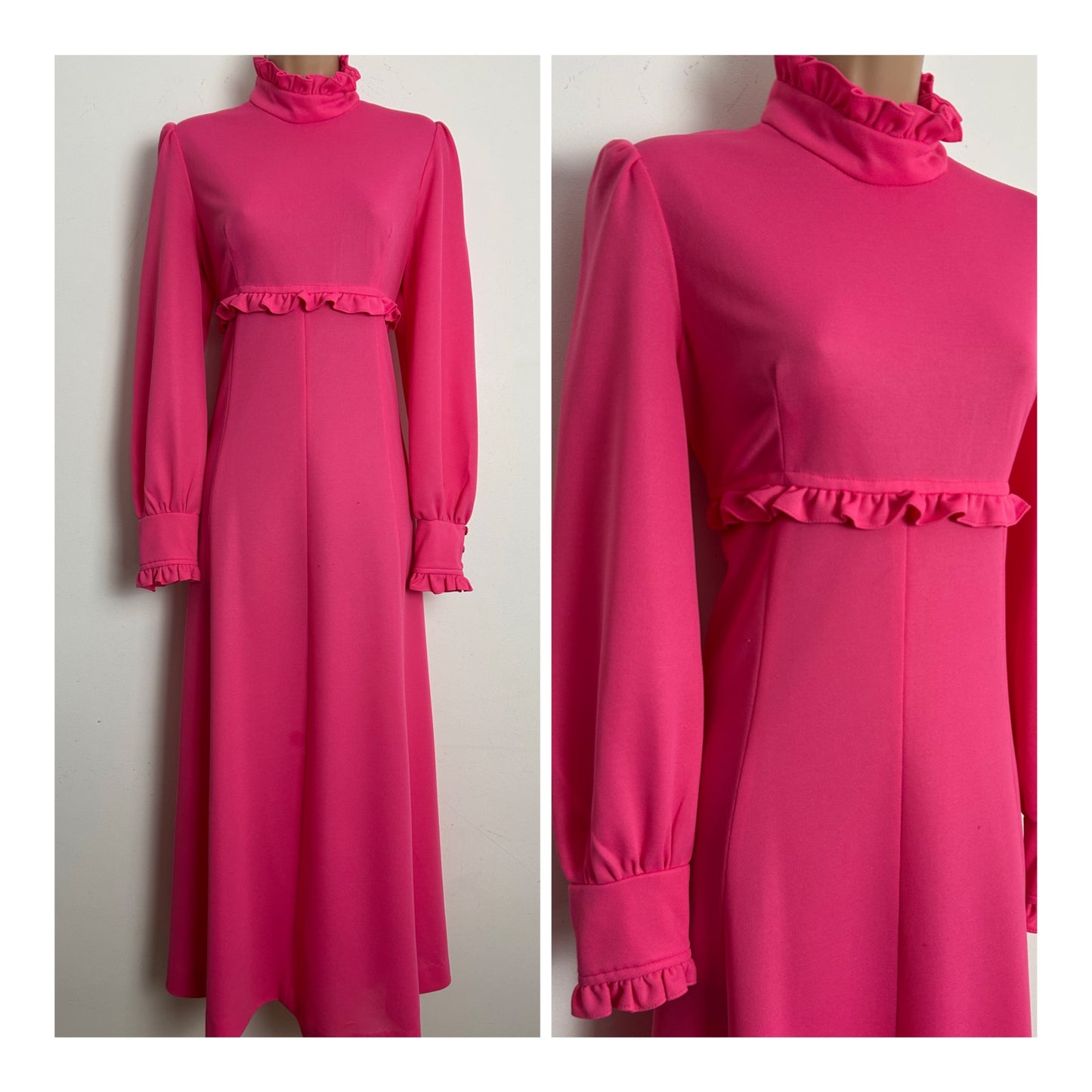Vintage 1970s Size 10-12 Hot Pink High Neck Long Sleeve Maxi Dress