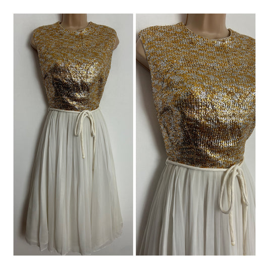 Vintage Late 1950s/Early 1960s BLANES UK Size 8 White Gold & Silver Lurex Belted Pleated Occasion Party Dress