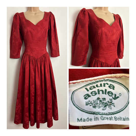 Vintage 1980s LAURA ASHLEY UK Size 10 (Size 12 On The Label) Orangey Red Floral Damask Cotton Ballgown
