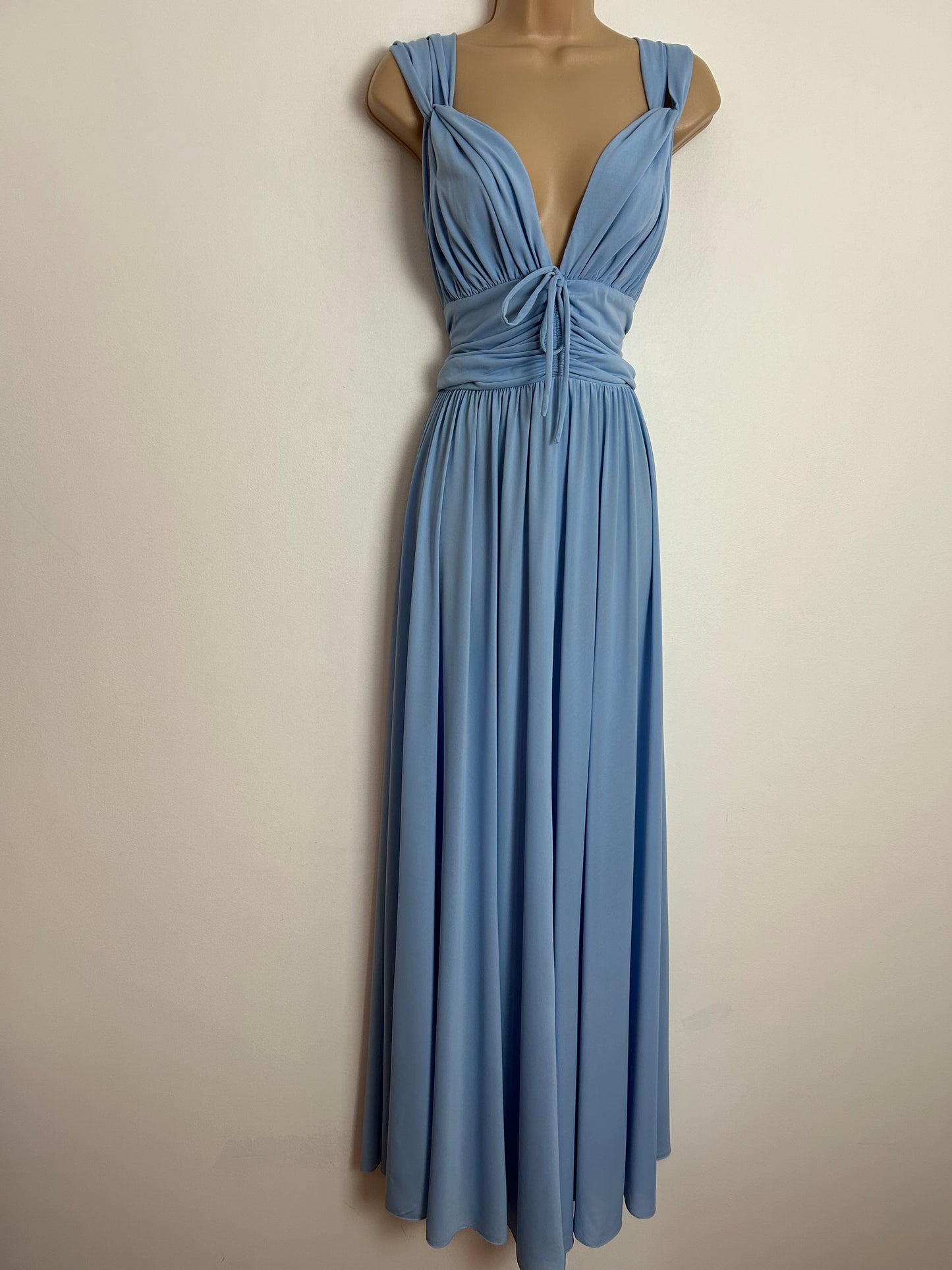 Vintage 1970s JOHN CHARLES UK Size 6-8 Beautiful Powder Blue Plunge Neck Special Occasion Maxi Dress