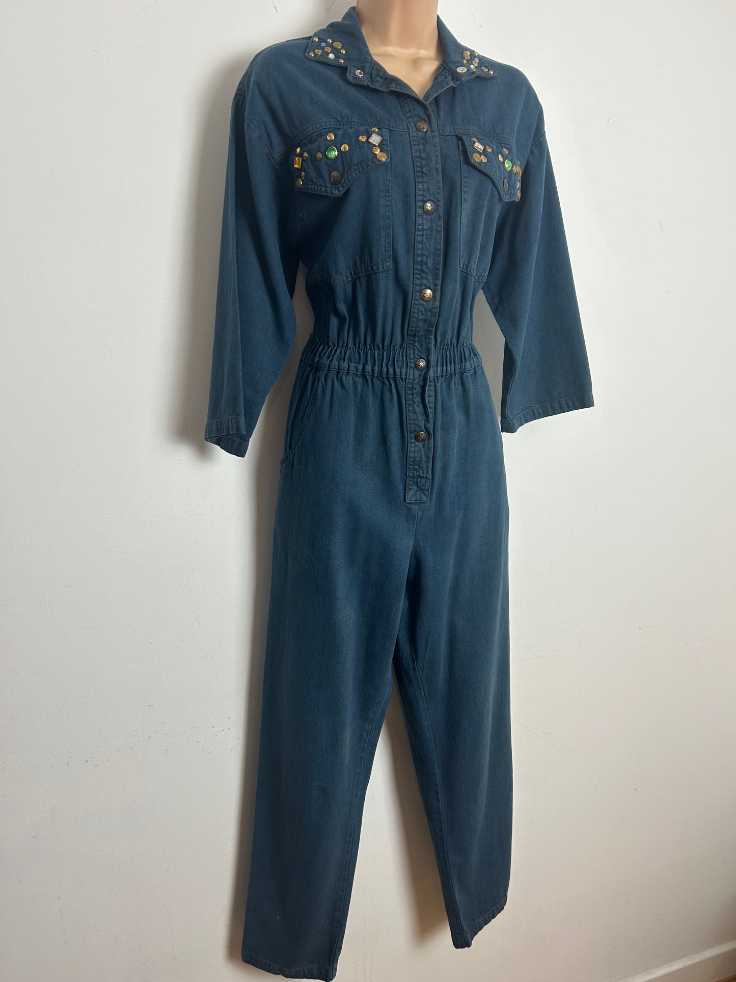 Vintage 1980s DREAMS Size 10 Dark Denim Jewel & Stud Embellished Pocket Detail Jumpsuit