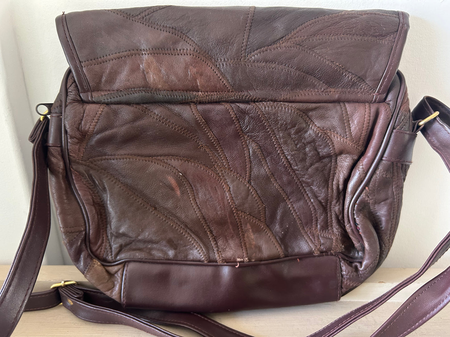 Vintage 1980s Brown Leather Patchwork Style Shoulder Or Cross Body Bag