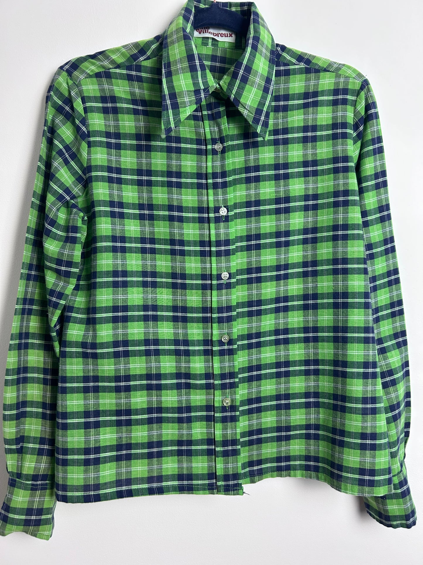 Vintage 1970s JANE VILLEPREUX Size 12-14 Green & Navy Blue Check Print Cotton Mix Long Sleeve Shirt