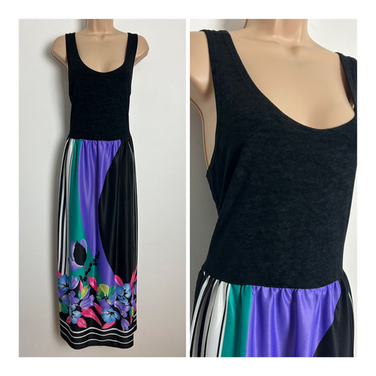Vintage 1970s Size 12-14 Black White Green & Purple Stripe & Floral Print Maxi Dress