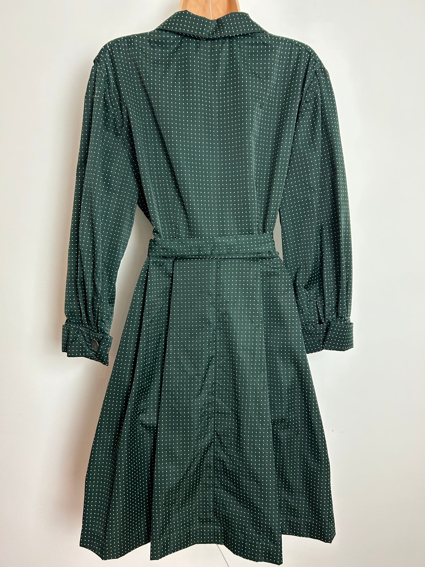 Vintage Late 1950s UK Size 14 Dark Green Polka Dot Pleated Belted Pleated Day Dress