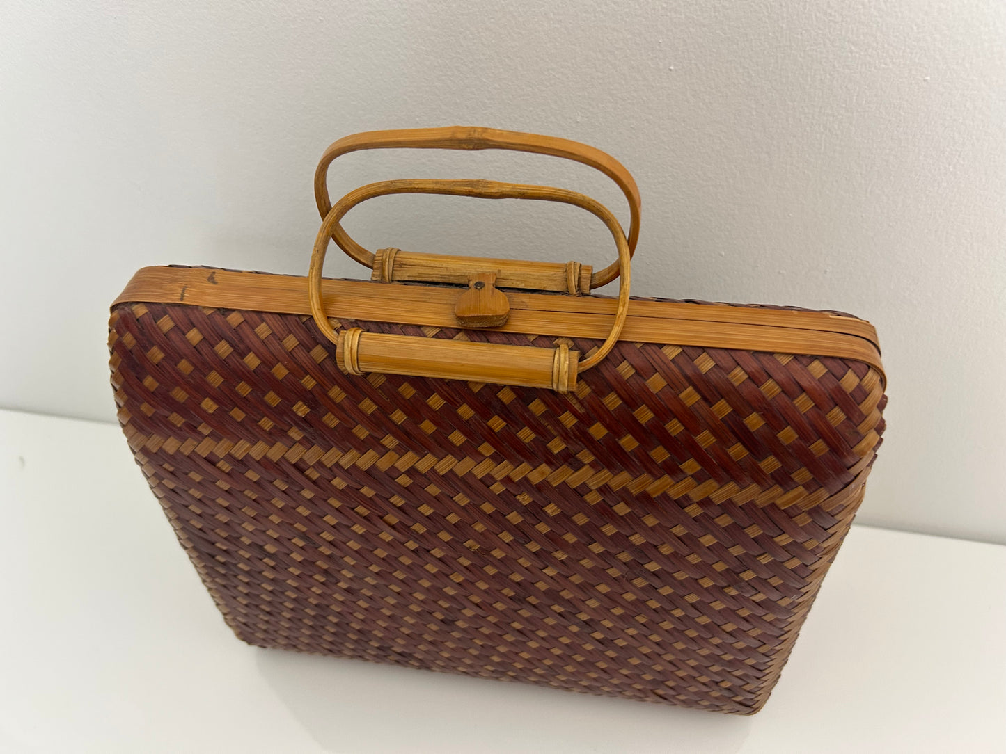Vintage 1950s Peoples Republic Of China Brown & Tan Wicker Woven Box Style Handbag