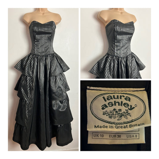Vintage 80s LAURA ASHLEY UK Size 6-8 (Size 10 On Label) Strapless Black & Dark Silver Stripe Tiered Full Length Ballgown