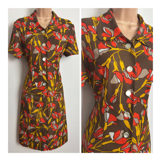 Vintage 1960s Size 10 Brown Orange & Mustard Yellow Floral Print Mod Shift Dress