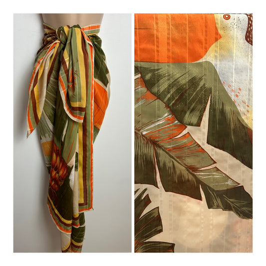 Vintage FRANCO LAURENTI Very large Green Orange & Cream Toucan Bird & Leaf Print Shawl/Scarf/Sarong