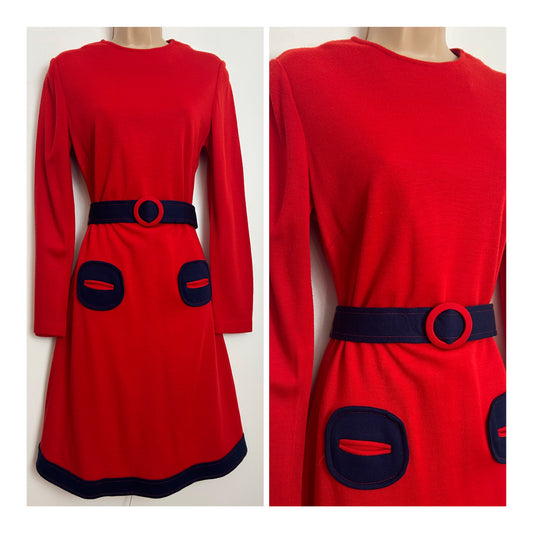 Vintage 1960s Size 10 Red & Navy Blue Contrast Long Sleeve Belted Pocket Detail Mod Jersey Dress