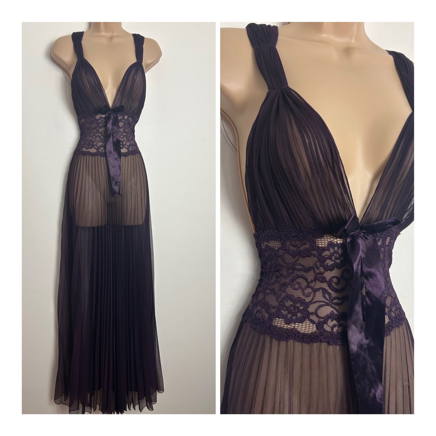 Vintage Size 8-10 deep Plum Purple Ruched Lace Waist Panel Bow Detail Pleated Full Length Negligee Nightdress