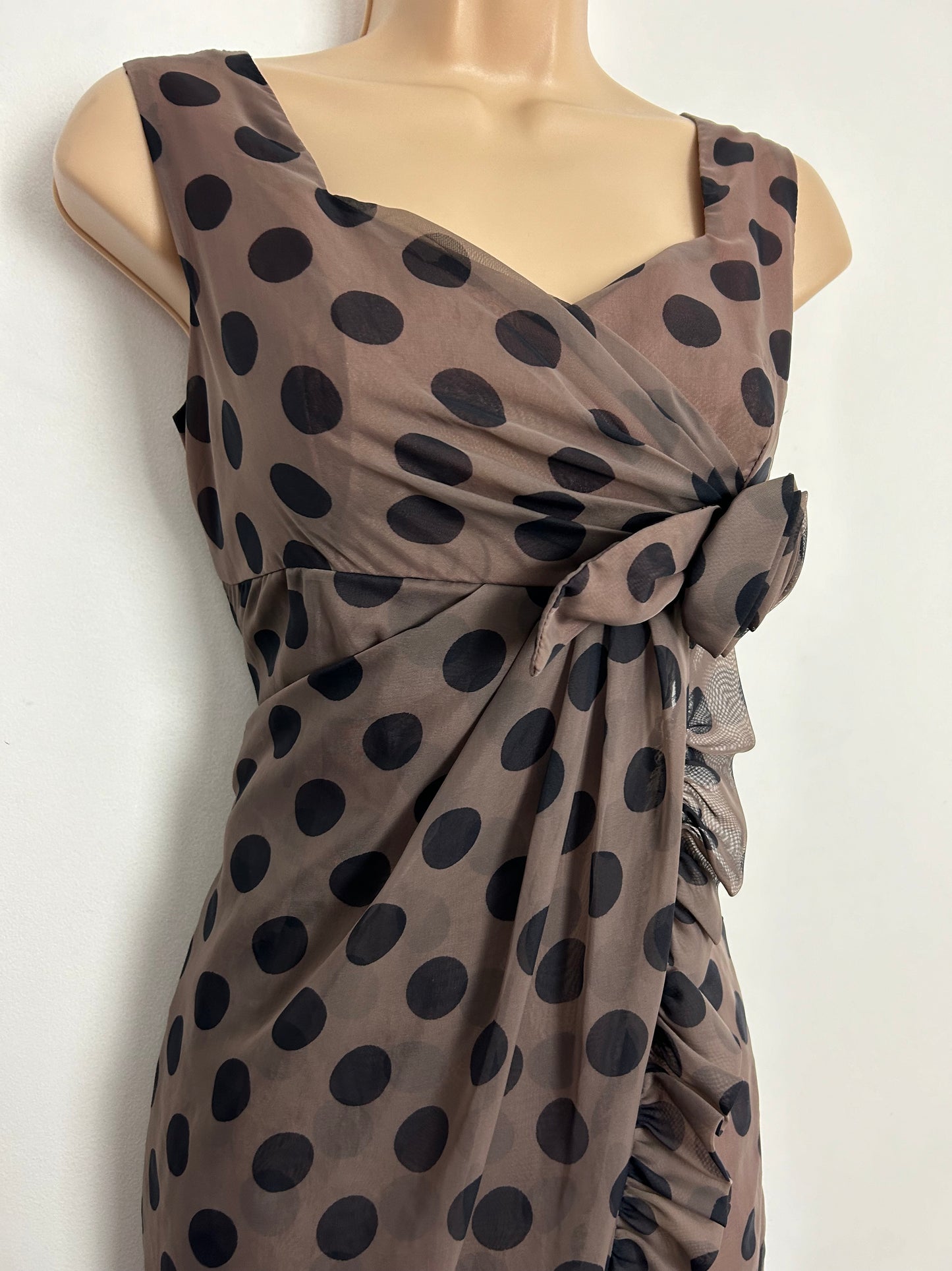 Vintage Early 1960s UK Size 8 Gorgeous Brown & Black Polka Dot Spot Print Mock Wrap Fitted Dress