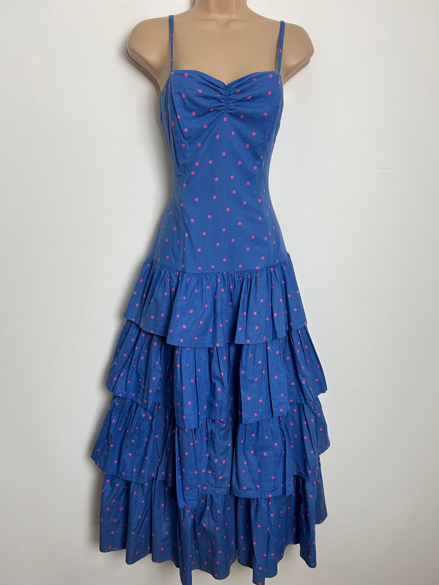 Vintage 1980s LAURA ASHLEY Size 8 Blue & Pink Polka Dot Print Layered Ra Ra Style Midaxi Dress