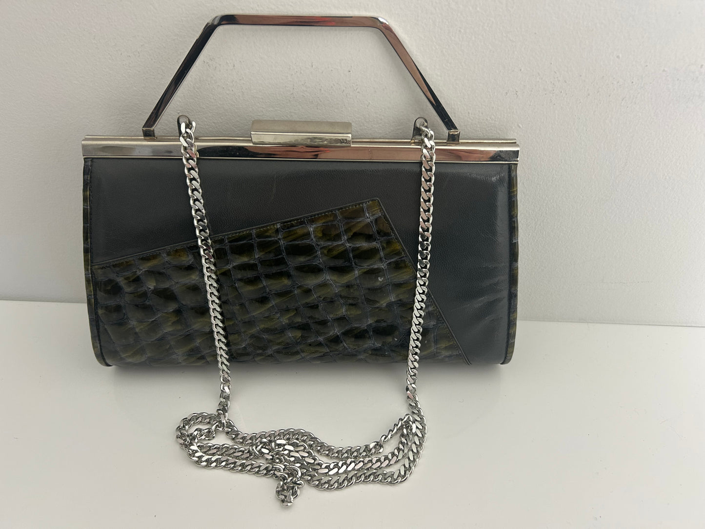 Vintage Early 1980s RENATA. Italy Grey & Dark Green Tones Mock Reptile Panel Clutch Or Shoulder Bag