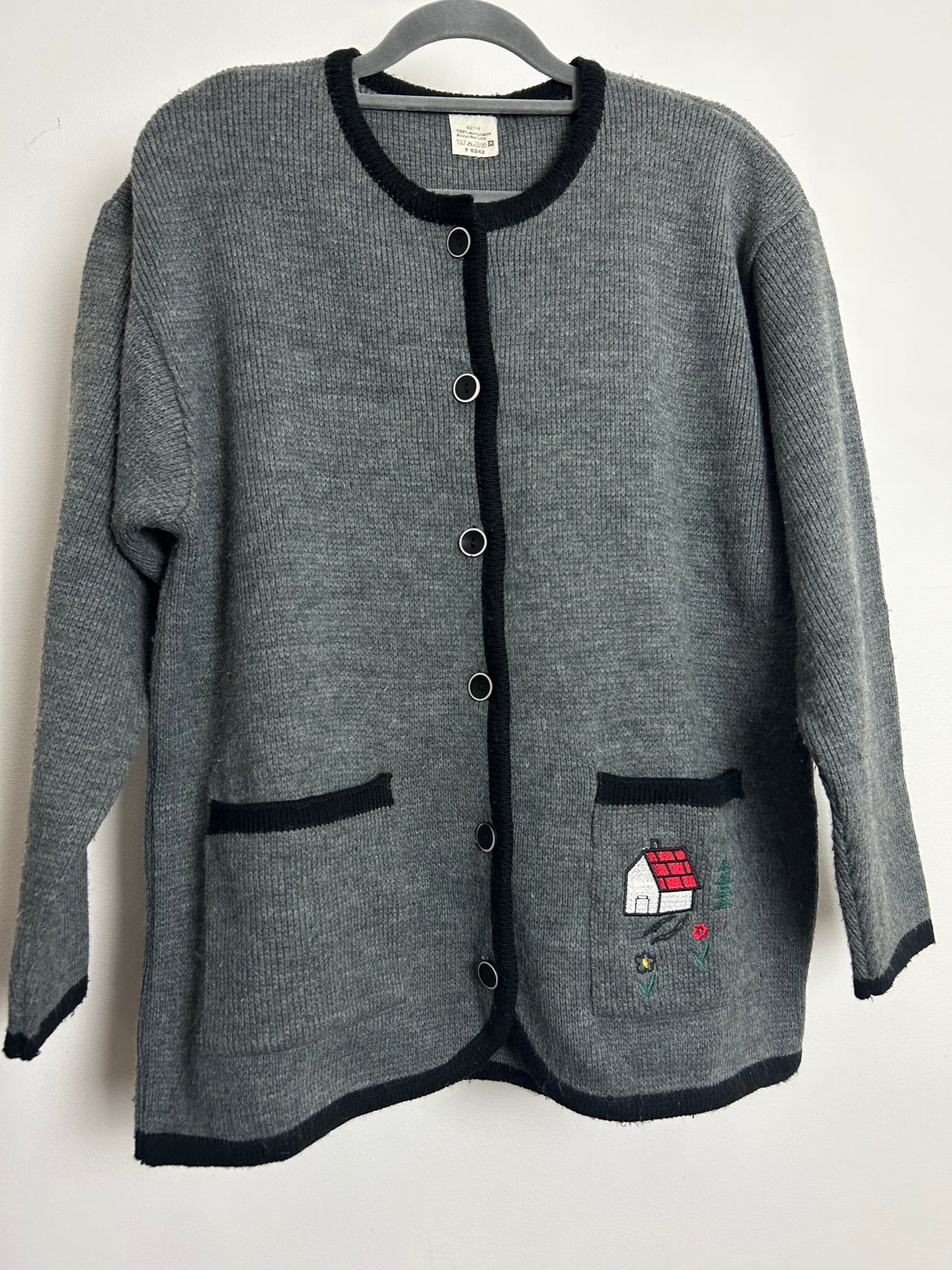 Vintage 1980s Up To Size 14 Grey Embroidered Cottage Pocket Detail Cardigan