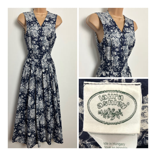 Vintage 1980s LAURA ASHLEY Size 10 Navy Blue & White Floral Print Cotton Full Wrap Midi Dress
