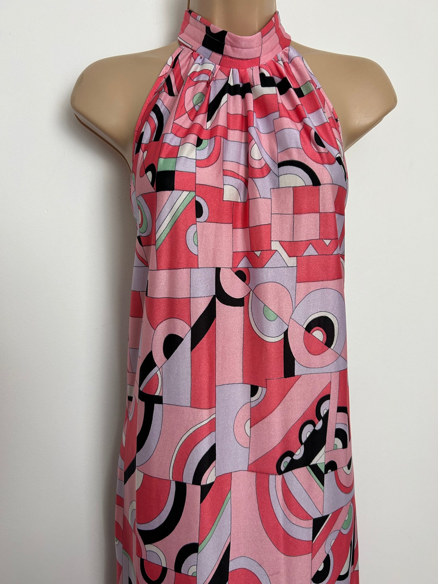 Vintage 1970s Size 8-10 Pink Tones Psychedelic Geo Print Halter Neck Trapeze Style Maxi Dress