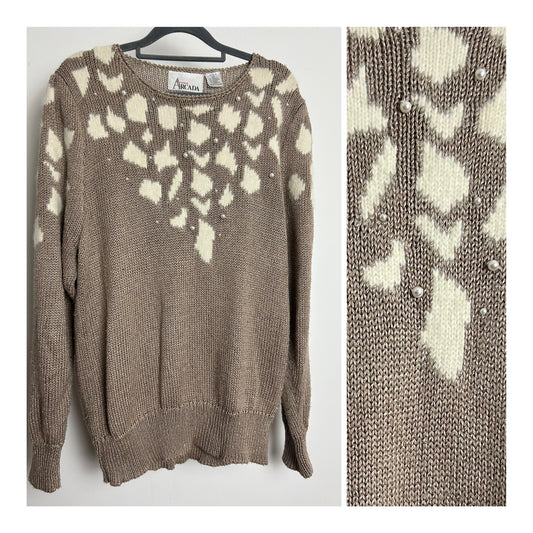 Vintage 1980s ARCADIA AVENUE Up To Size 14/16 Light Brown & Cream Animal Print Bead Detail Jumper