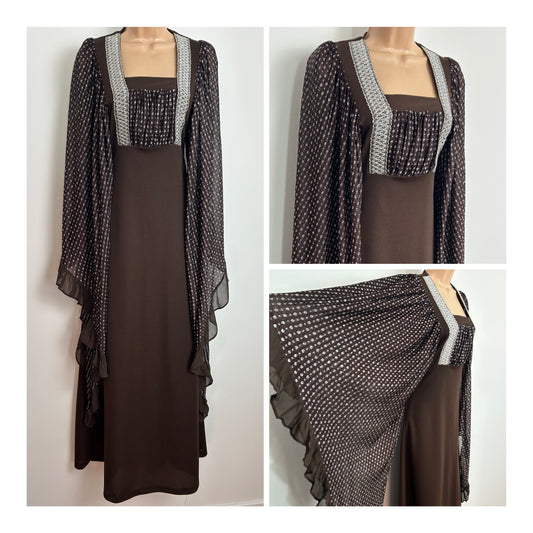 Vintage 1970s LEWIS BARNETT Size 6-8 Brown & Silver Lurex Spot Sleeve VERY Flared Sleeve Maxi Dress
