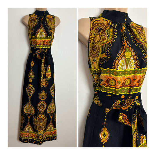 Vintage 1970s UK Size 12 Stunning Black Orange Yellow & Brown Floral Paisley Print Sleeveless Belted Maxi Dress