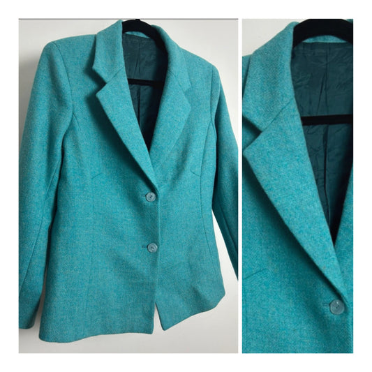 Vintage 1980s Size 14 Turquoise Wool Blend Fully Lined Blazer