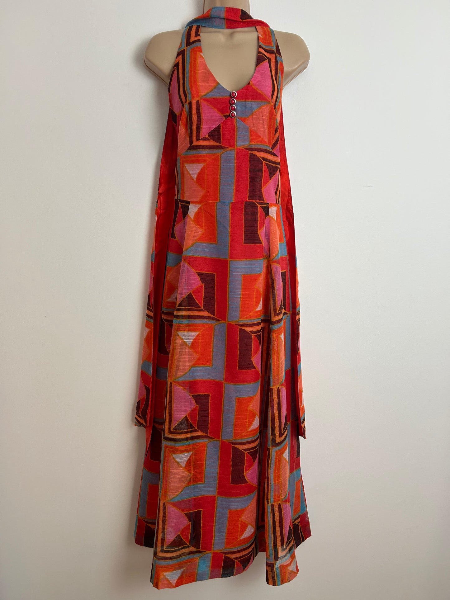 Vintage 1970s UK Size 14 Red Blue Orange & Black Geo Print Halterneck Belted Maxi Dress