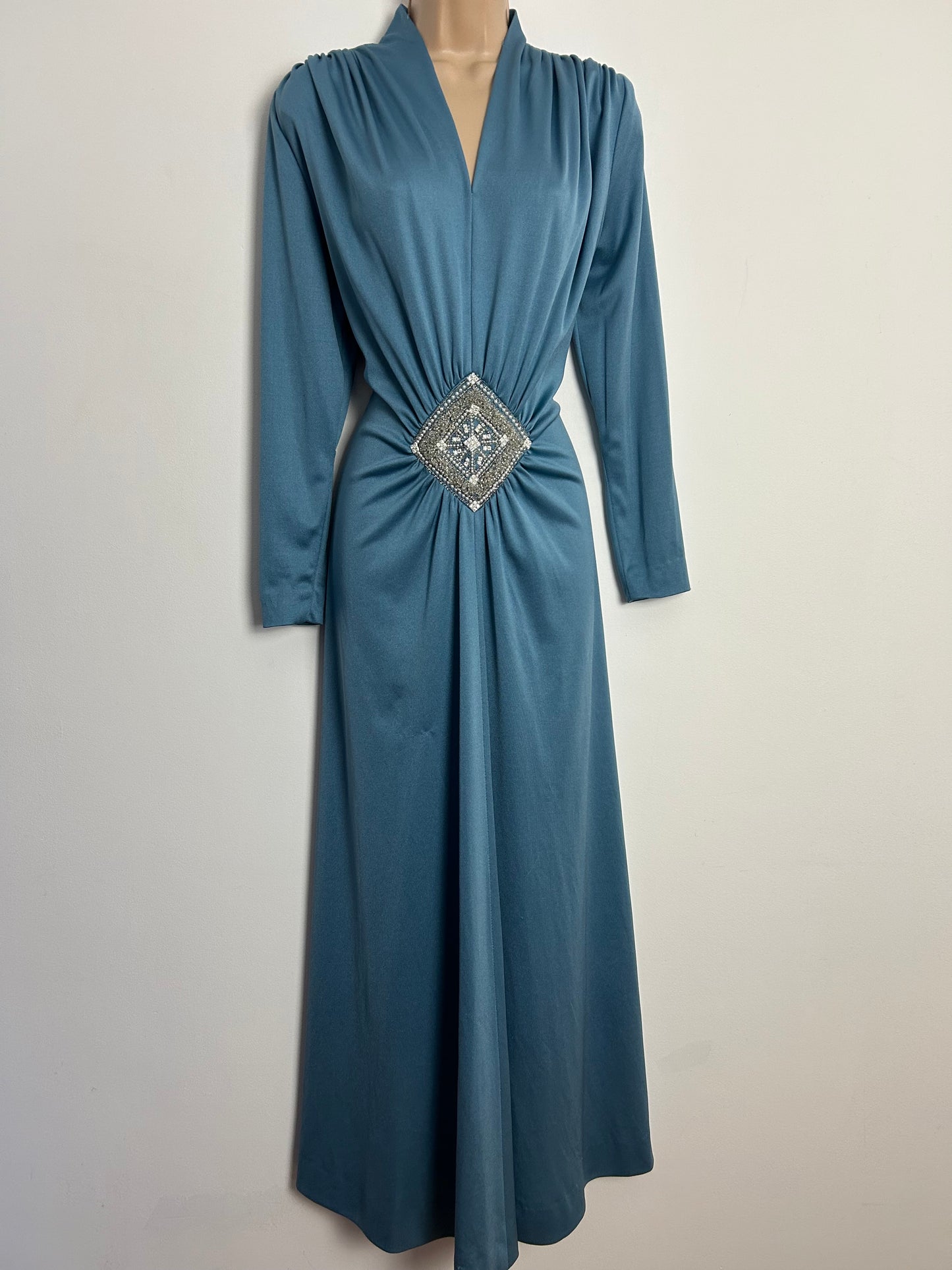 Vintage 1970s MARJON COUTURE & BAKER SPORTSWEAR UK Size 12 -14 Dusky Blue Long Sleeve Bead & Diamante Detail Occasion Maxi Dress
