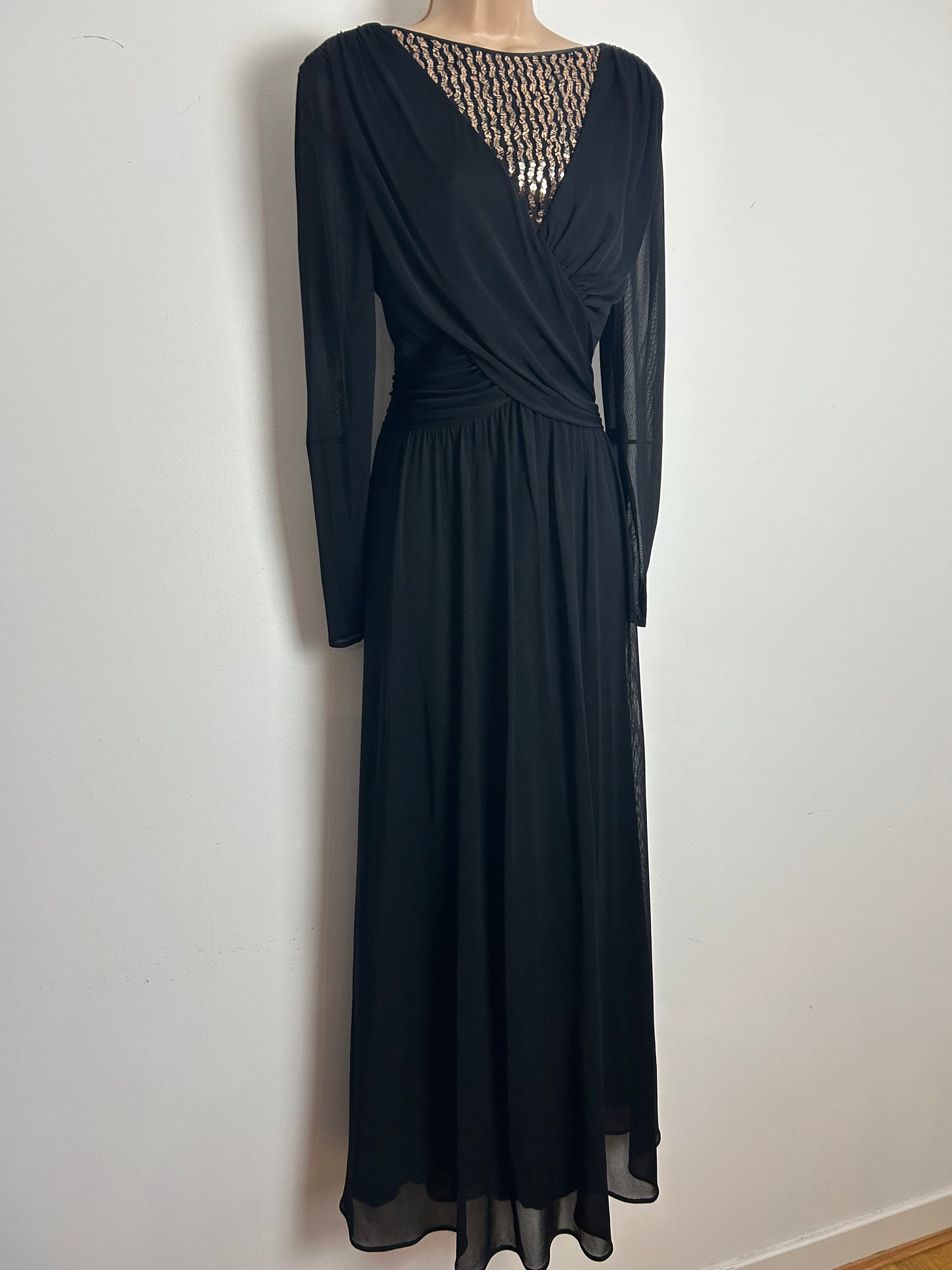 Vintage Late 1970s Size 10-12 Black & Gold Sequin Embellished Evening Occasion Maxi Dress