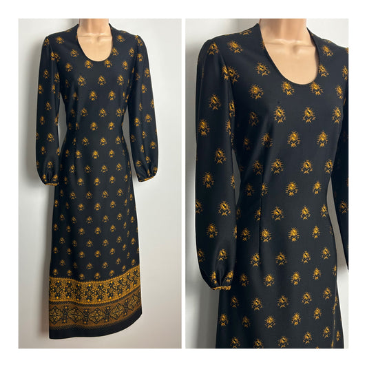 Vintage 1970s Size 8 Black Brown & Orange Abstract Print Long Sleeve Maxi Dress