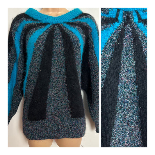 Vintage 1980s One Size Up To 16 Grey Black & Dark Turquoise Sun Ray Pattern Mohair Mix Jumper