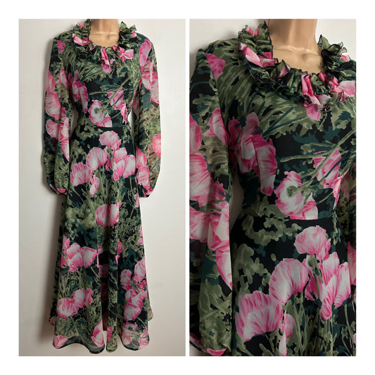 Vintage 1970s JOBI UK Size 10 Black Pink & Green Floral Print Long Sleeve Chiffon Maxi Dress