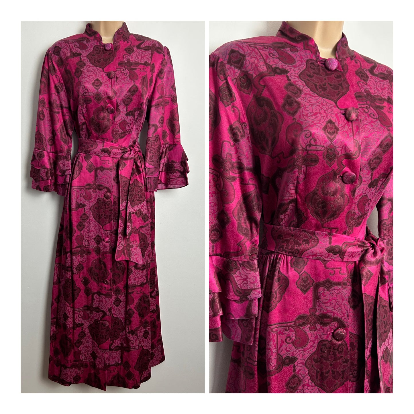 Vintage Early 1970s GLEN ABBEY Size 12-14 Dark Pink Tones Nouveau Scarf Print Satin Feel Belted Midi Dress