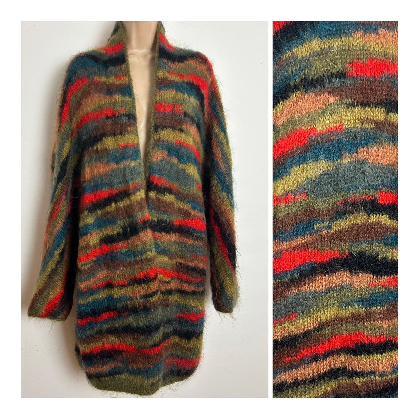 Vintage 1980s ONE SIZE Earthy Green Brown & Red Tones Stripe 3/4 Sleeve Slouchy Long Length Cardigan