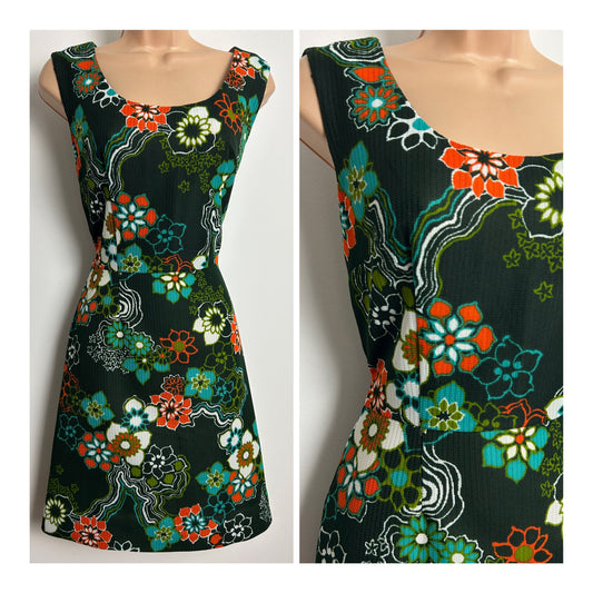 Vintage 1960s Size 6-8 Black Dark Turquoise Orange & Green Floral Print Sleeveless Mod Dress