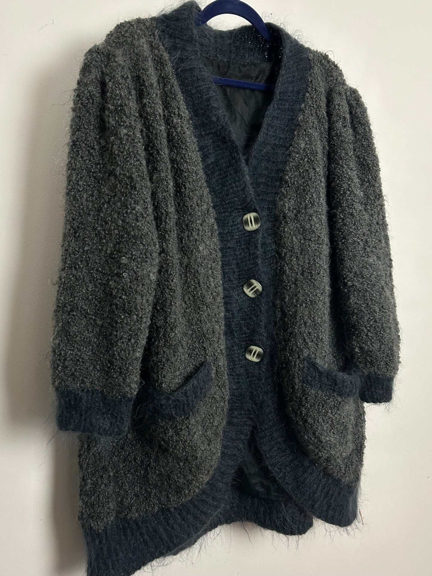 Vintage 1980s Size XL Over Size Grey Boucle Mohair Mix Fully Lined Cardigan Coatigan